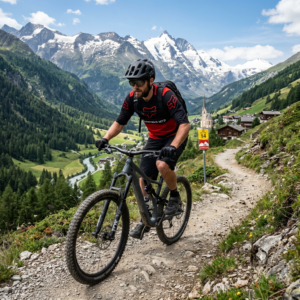 Mountainbike Alperne – MTB på bjergsti med udsigt over dal og sneklædte tinder