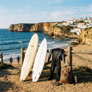 Surfrejse Portugal – surfboards og strand ved klippekysten